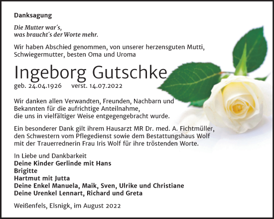 Traueranzeige von Ingeborg Gutschke von Trauerkombi Weißenfels