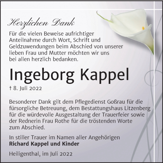 Traueranzeige von Ingeborg Kappel von Trauerkombi Mansfelder Land