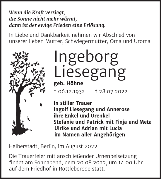 Traueranzeige von Ingeborg Liesegang von Mitteldeutsche Zeitung Sangerhausen