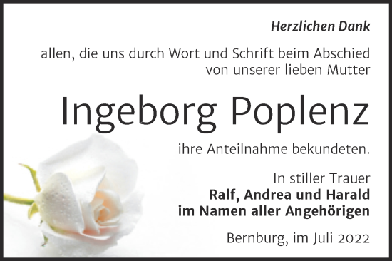 Traueranzeige von Ingeborg Poplenz von Trauerkombi Bernburg