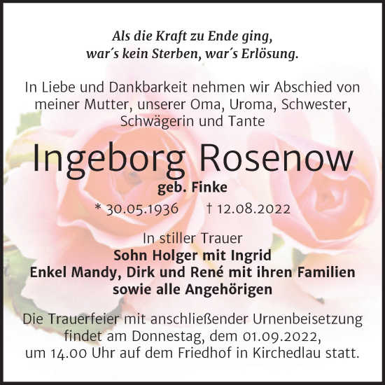 Traueranzeige von Ingeborg Rosenow von Trauerkombi Bernburg