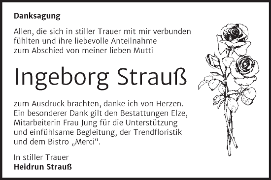 Traueranzeige von Ingeborg Strauß von Trauerkombi Dessau