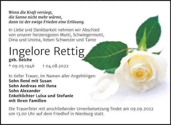 Traueranzeige von Ingelore Rettig von Trauerkombi Bernburg