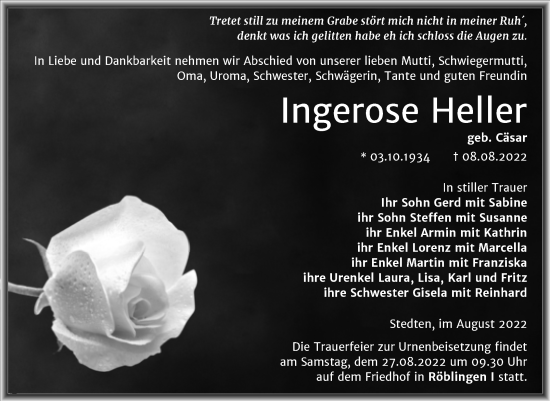 Traueranzeige von Ingerose Heller von Trauerkombi Mansfelder Land