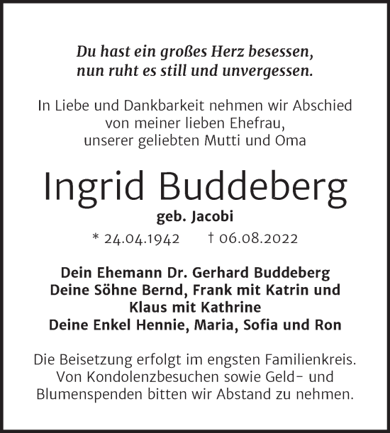 Traueranzeige von Ingrid Buddeberg von Trauerkombi Bitterfeld