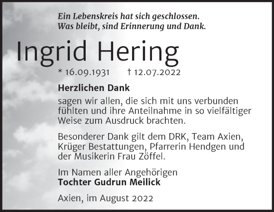 Traueranzeige von Ingrid Hering von Trauerkombi Wittenberg