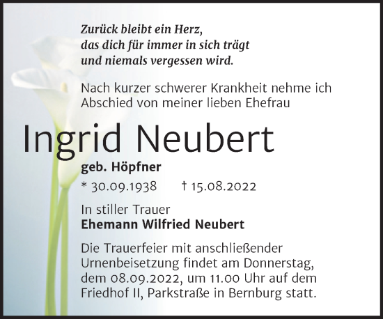 Traueranzeige von Ingrid Neubert von Trauerkombi Bernburg