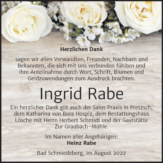 Traueranzeige von Ingrid Rabe von Trauerkombi Wittenberg