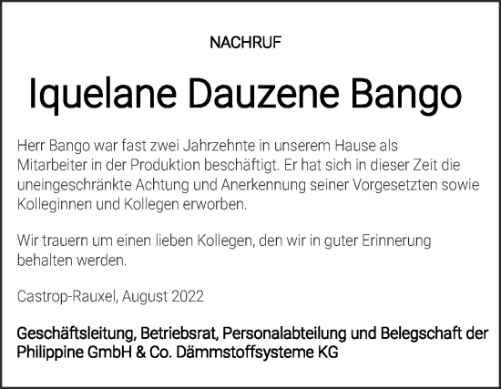 Traueranzeige von Iquelane Dauzene Bango von Mitteldeutsche Zeitung Halle/Saalkreis