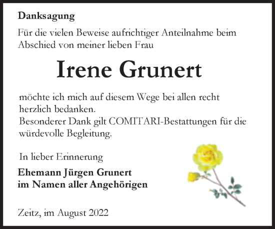 Traueranzeige von Irene Grunert von Trauerkombi Zeitz