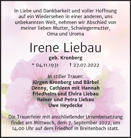 Traueranzeige von Irene Liebau von Trauerkombi Sangerhausen