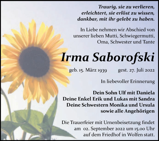 Traueranzeige von Irma Saborofski von Trauerkombi Bitterfeld