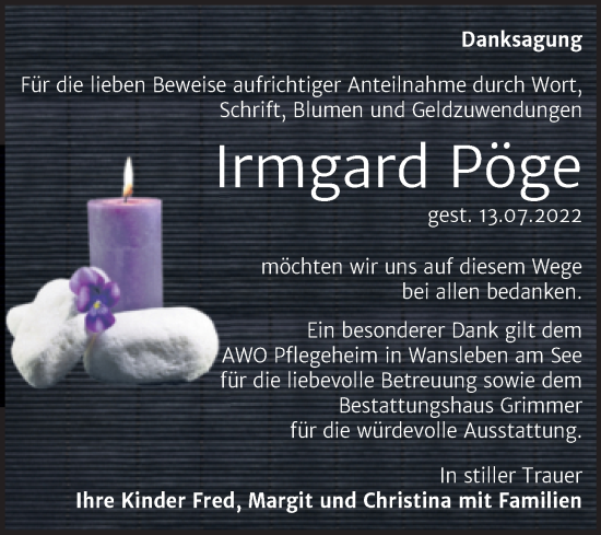 Traueranzeige von Irmgard Pöge von Trauerkombi Mansfelder Land