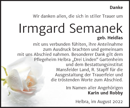 Traueranzeige von Irmgard Semanek von Trauerkombi Mansfelder Land