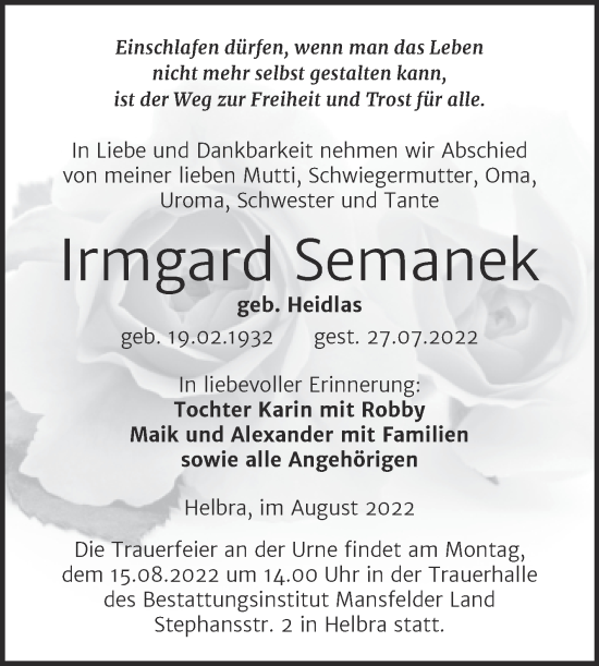 Traueranzeige von Irmgard Semanek von Trauerkombi Mansfelder Land