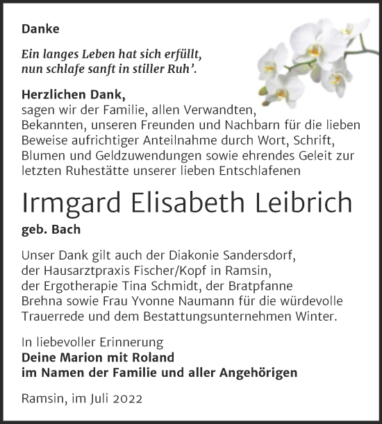 Traueranzeige von Irmgard Elisabeth Leibrich von Trauerkombi Bitterfeld