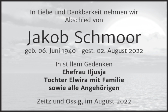 Traueranzeige von Jakob Schmoor von Trauerkombi Zeitz