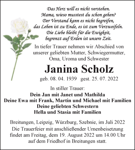 Traueranzeige von Janina Scholz von Trauerkombi Sangerhausen