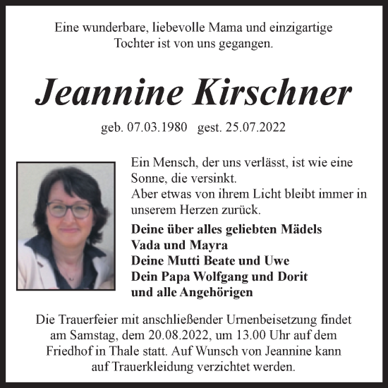 Traueranzeige von Jeannine Kirschner von Trauerkombi Quedlinburg