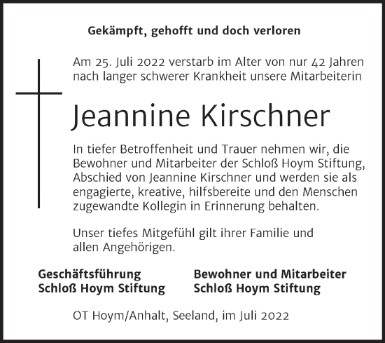 Traueranzeige von Jeannine Kirschner von Mitteldeutsche Zeitung Aschersleben