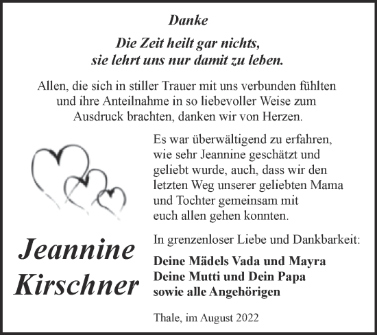 Traueranzeige von Jeannine Kirschner von Trauerkombi Quedlinburg
