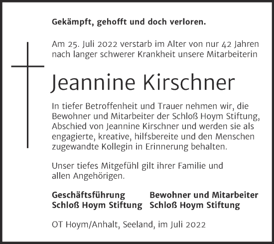 Traueranzeige von Jeannine Kirschner von Mitteldeutsche Zeitung Quedlingburg