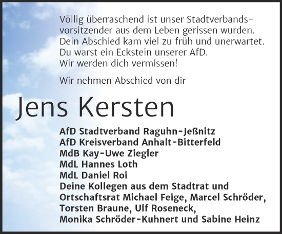 Traueranzeige von Jens Kersten von Mitteldeutsche Zeitung Bitterfeld