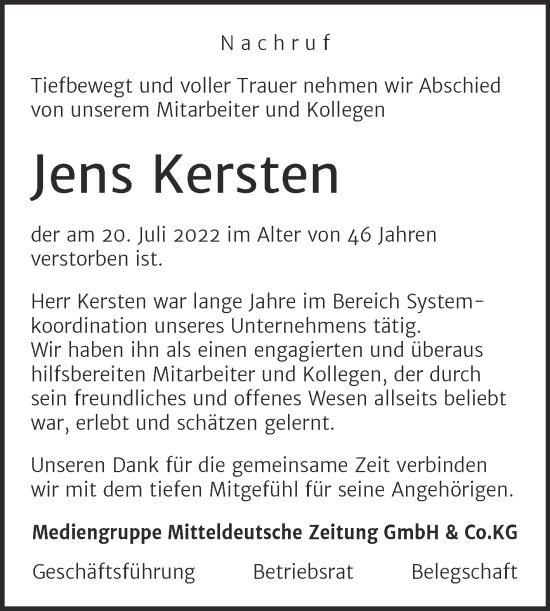 Traueranzeige von Jens Kersten von Mitteldeutsche Zeitung Bitterfeld