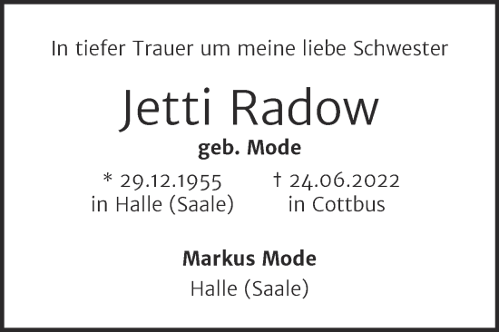 Traueranzeige von Jetti Radow von Mitteldeutsche Zeitung Halle/Saalkreis
