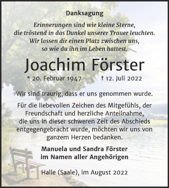 Traueranzeige von Joachim Förster von Mitteldeutsche Zeitung Halle/Saalkreis