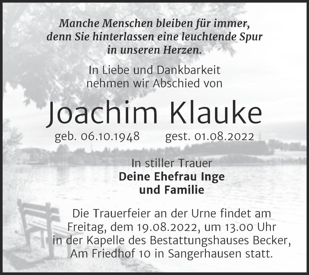 Traueranzeige für Joachim Klauke vom 13.08.2022 aus Trauerkombi Sangerhausen