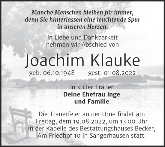 Traueranzeige von Joachim Klauke von Trauerkombi Sangerhausen