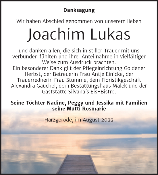 Traueranzeige von Joachim Lukas von Trauerkombi Quedlinburg