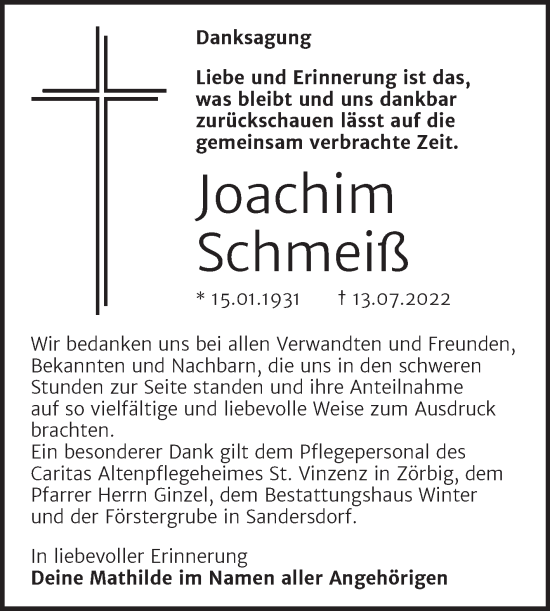 Traueranzeige von Joachim Schmeiß von Trauerkombi Bitterfeld