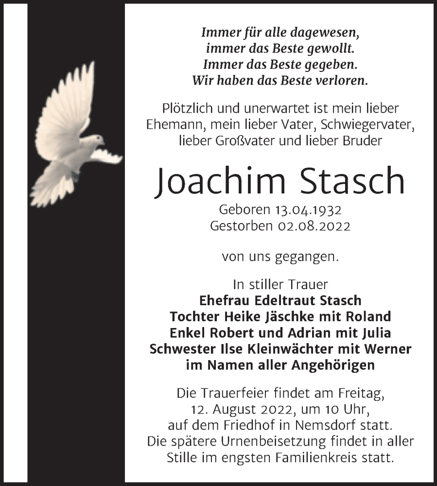  Traueranzeige für Joachim Stasch vom 06.08.2022 aus Trauerkombi Merseburg
