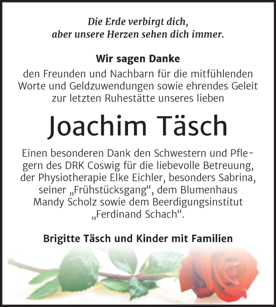 Traueranzeige von Joachim Täsch von Trauerkombi Wittenberg