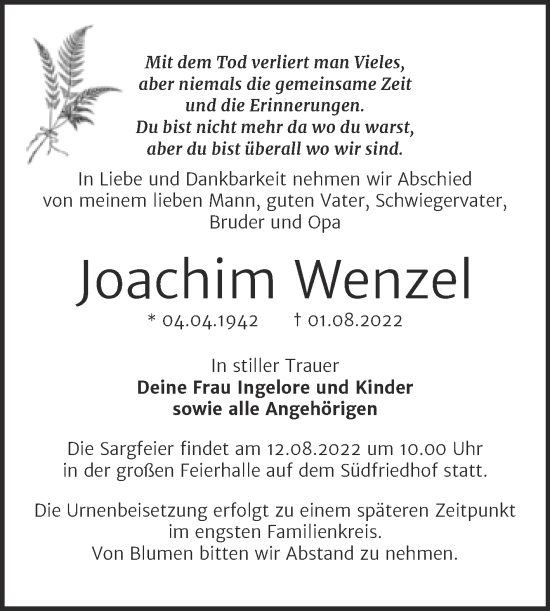 Traueranzeige von Joachim Wenzel von Mitteldeutsche Zeitung Halle/Saalkreis