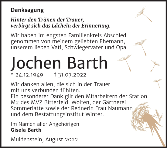 Traueranzeige von Jochen Barth von Trauerkombi Bitterfeld
