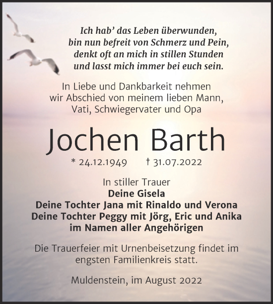 Traueranzeige von Jochen Barth von Trauerkombi Bitterfeld