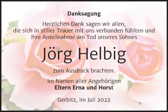 Traueranzeige von Jörg Helbig von Trauerkombi Bernburg