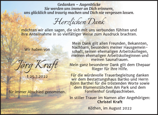 Traueranzeige von Jörg Kraft von Trauerkombi Köthen