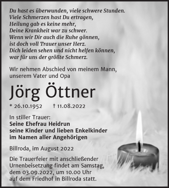 Traueranzeige von Jörg Öttner von Wochenspiegel Naumburg/Nebra