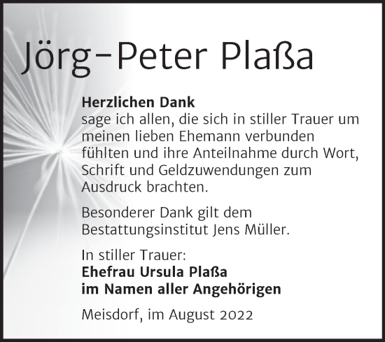 Traueranzeige von Jörg-Peter Plaßa von Trauerkombi Aschersleben