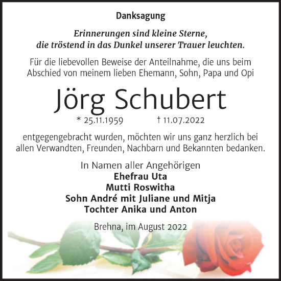 Traueranzeige von Jörg Schubert von Trauerkombi Bitterfeld