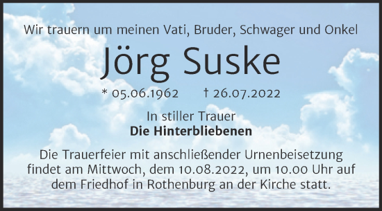 Traueranzeige von Jörg Suske von Trauerkombi Bernburg