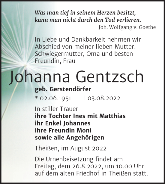 Traueranzeige von Johanna Gentzsch von Trauerkombi Zeitz