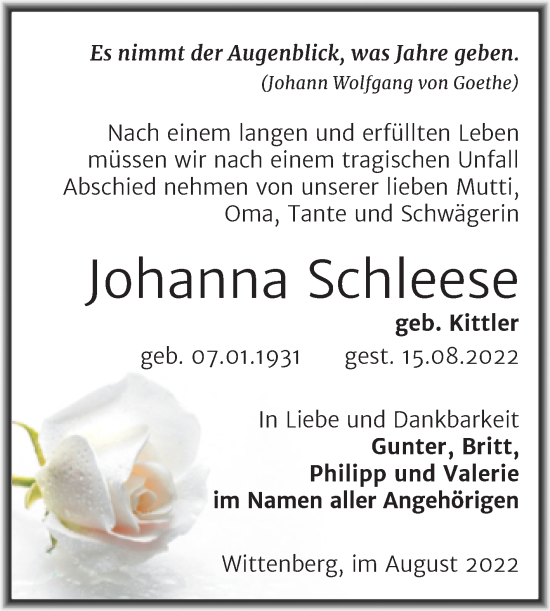 Traueranzeige von Johanna Schleese von Trauerkombi Wittenberg