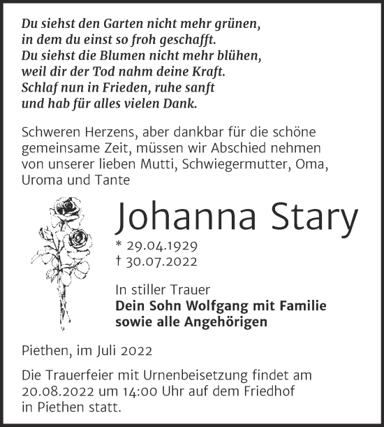 Traueranzeige von Johanna Stary von Trauerkombi Köthen