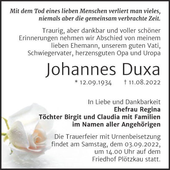 Traueranzeige von Johannes Duxa von Trauerkombi Bernburg