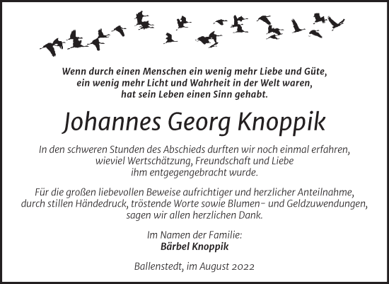 Traueranzeige von Johannes Georg Knoppik von Mitteldeutsche Zeitung Quedlingburg